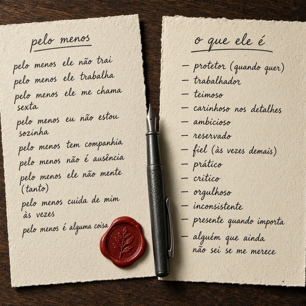 Duas listas manuscritas: pelo menos e o que ele é